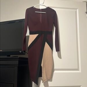 Chic Colorblock Dress in the color burgundy, black and tan
